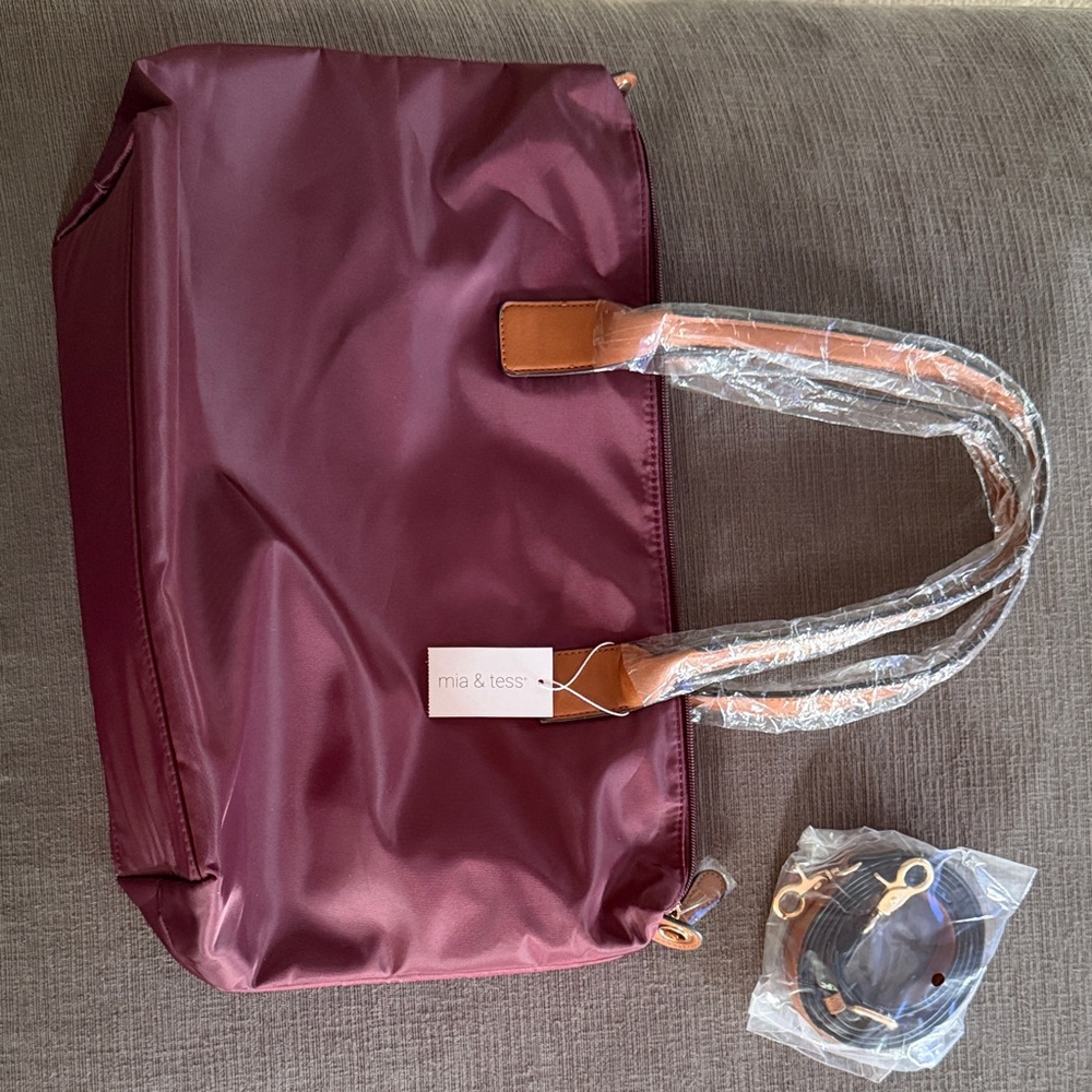 Mia & Tess Women's Burgundy Tote Bag with Tan Handles & Crossbody Strap